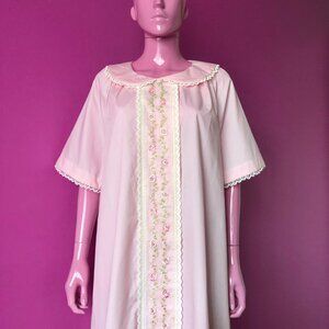 Vintage 60s L/XL Summer Housecoat Pastel Pink Midi Floral Lace Peter Pan Collar